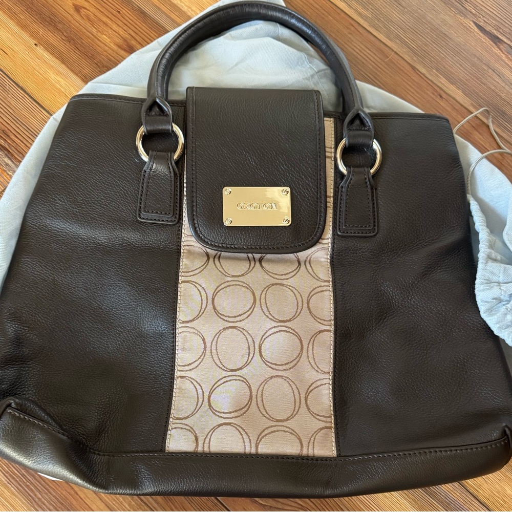 New Oroton Jacquard & Leather Tote Handbag Brown Beige